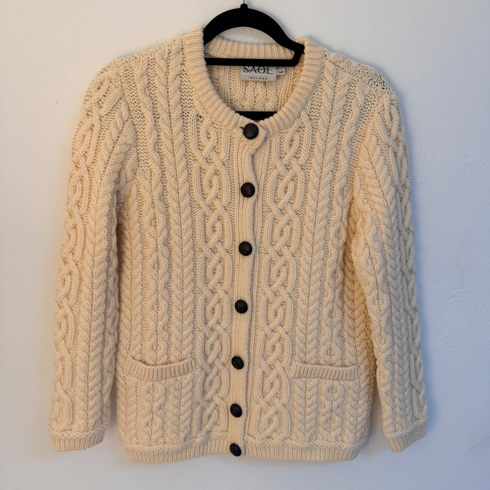 SAOL Ireland Womens 100% Merino Wool Aran Cable‎ Knit Cardigan Sweater Cream L